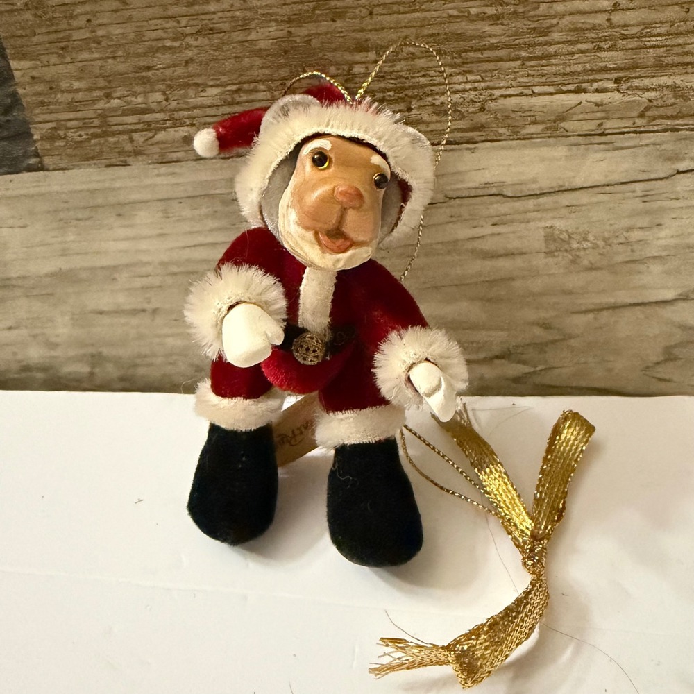 Robert Raikes Originals Santa Bear Christmas Ornament Wood Face Velvet Suit